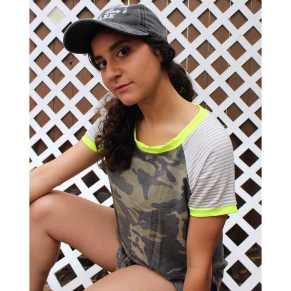 Neon Yellow and Grey Striped Camo Tunic Top - Picture 2 of 3